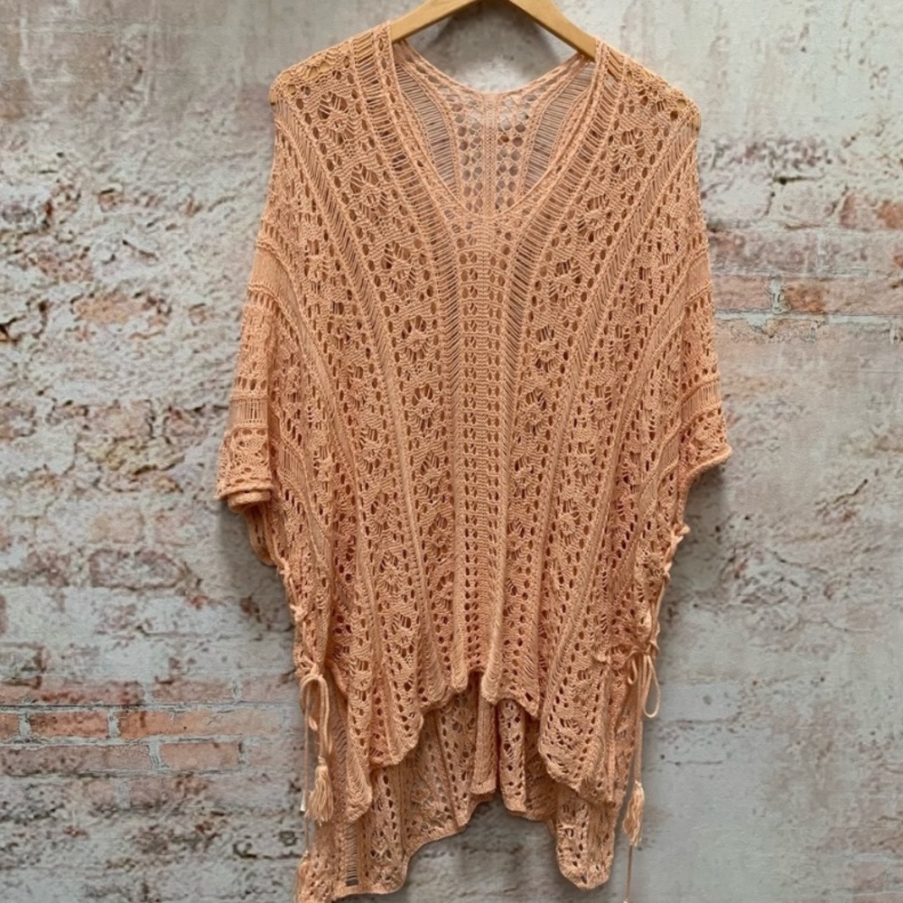 Pink Open Knit Poncho Style Sweater